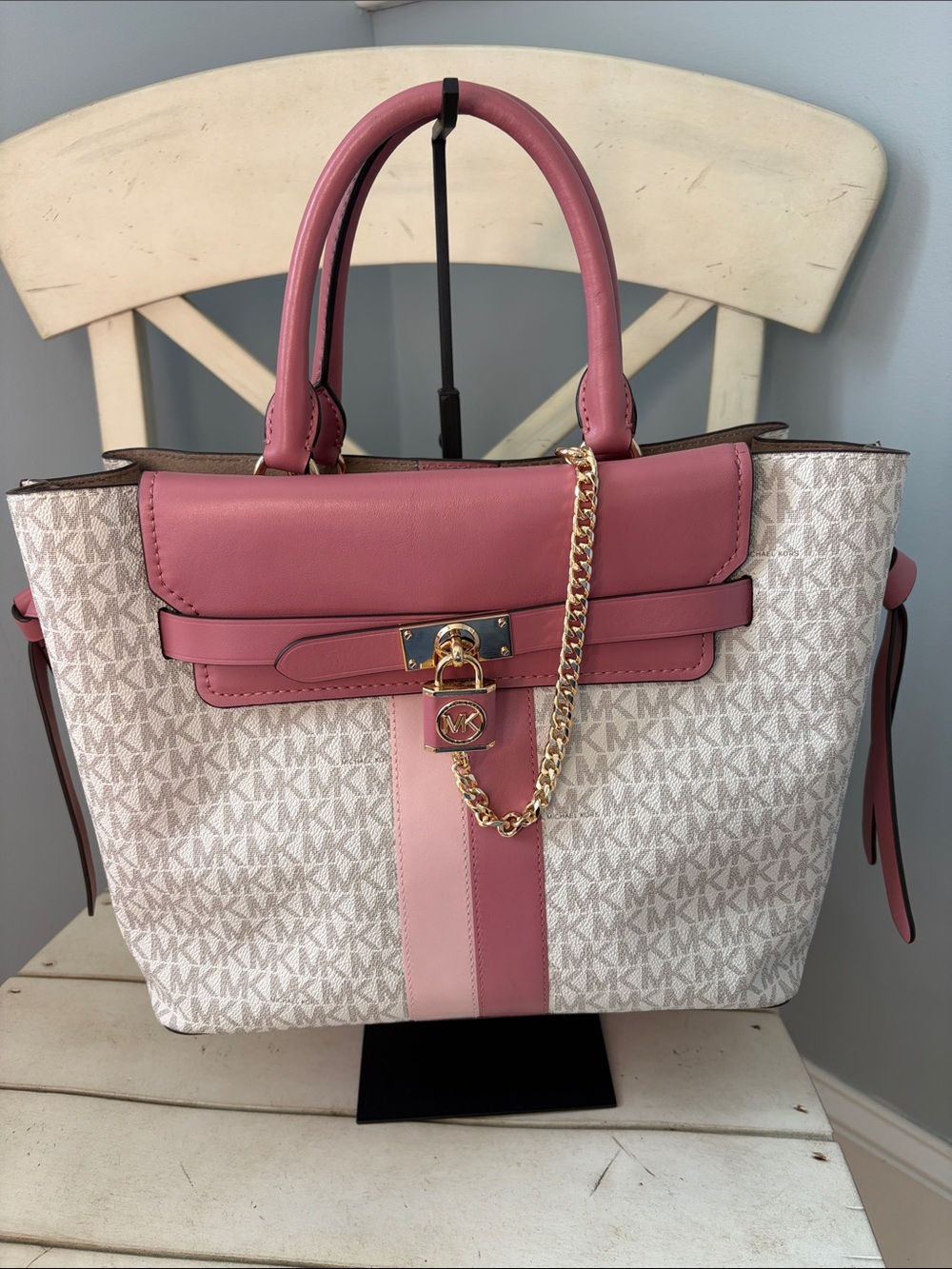 Michael Kors Pink and Cream Logo Stripe Tote with Gold Chain